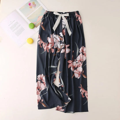 Cralom Floral Cotton Silk Pajama Pants Women's Loose Wide-leg Trousers