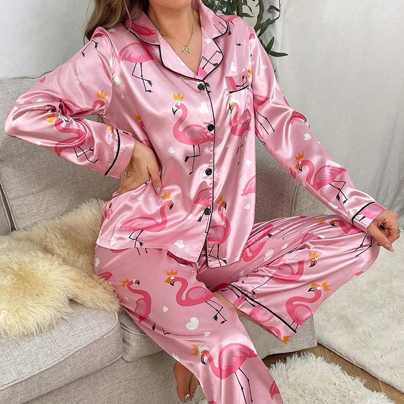 Cralom Red Lip Print Satin Pajama Set with Long Sleeve Top & Pants