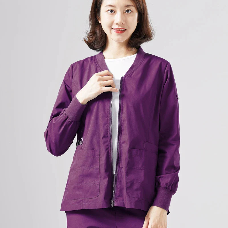Cralom Knitted Zip Up Scrub Jacket: Long Sleeve Workwear Scrubs