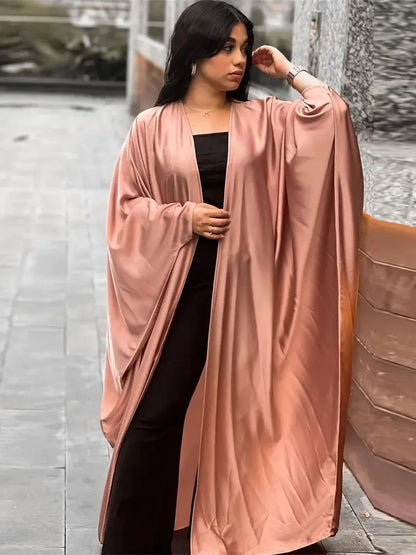 Cralom Ramadan Satin Kebaya Kimono Abaya Muslim Dress African Kaftan Robe