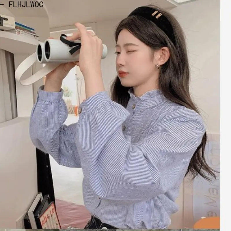 Cralom Blue Striped Ruffles Blouse - Retro Preppy Style Vintage Shirt