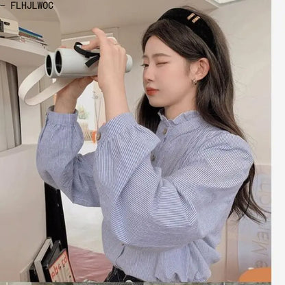 Cralom Blue Striped Ruffles Blouse - Retro Preppy Style Vintage Shirt