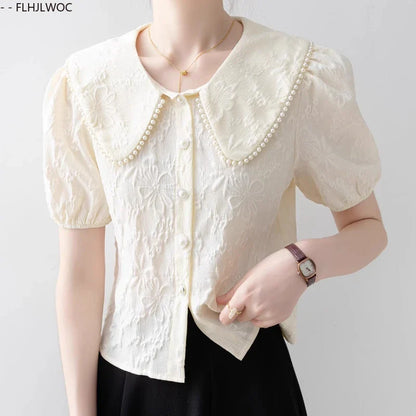 Cralom Button Shirts: 2025 Summer Women's Beaded Peter Pan Collar Top