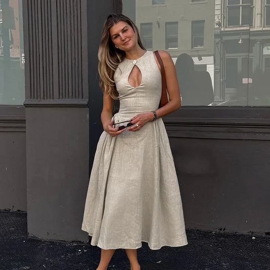 Cralom Sleeveless V-neck Hollowed Out A-list Dress for 2024 Summer