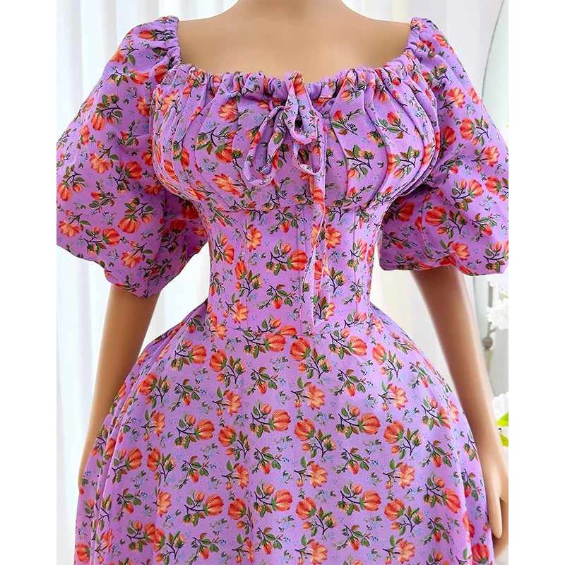 Cralom Printed Lace Up Lantern Sleeves A-line Dress - 2025 Spring Collection