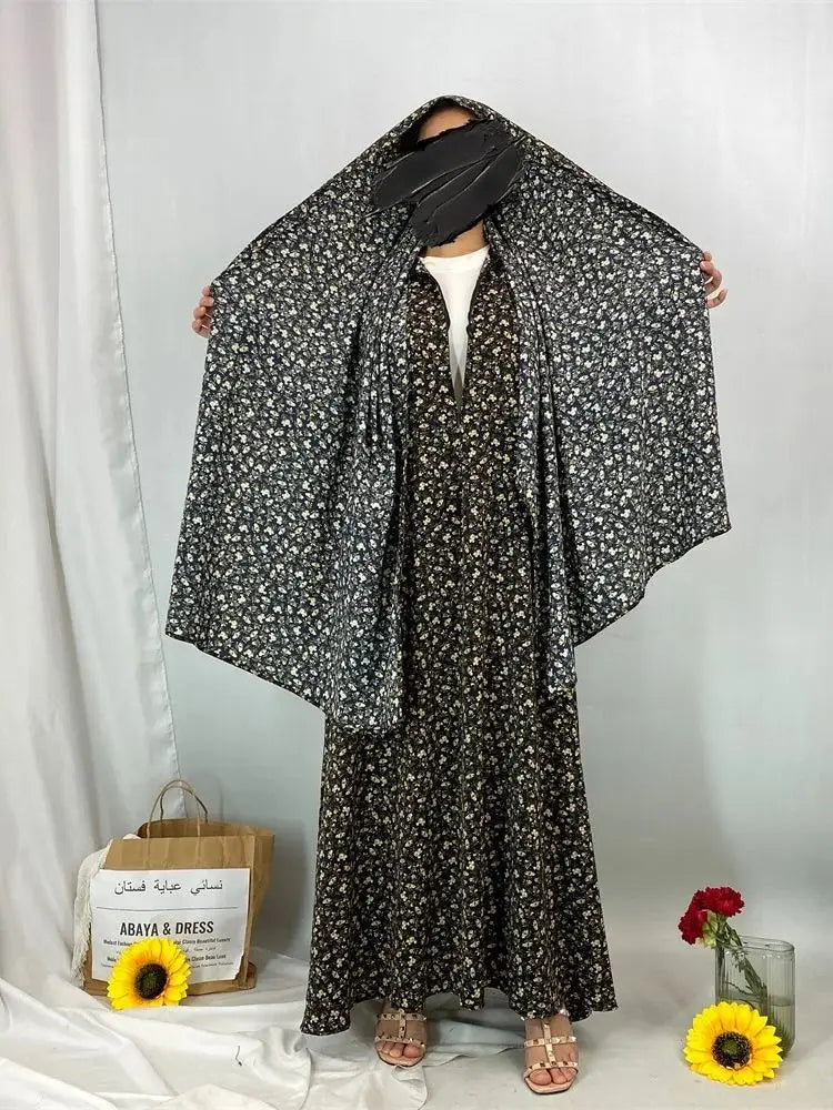 Ramadan Floral Print Abaya Hooded Kaftan by Cralom: Elegant Muslim Dress for Women