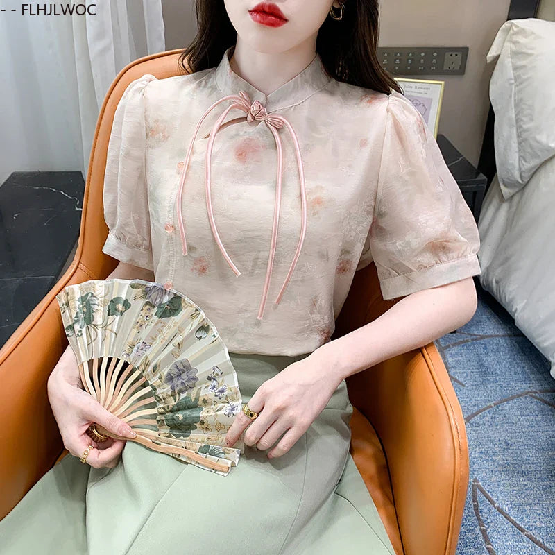 Cralom Floral Print Button Blouse Cute Retro Short Sleeve Tie Top