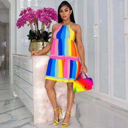 Cralom Rainbow Stripe Halter Dress: Sleeveless, Colorful & Sexy for Women