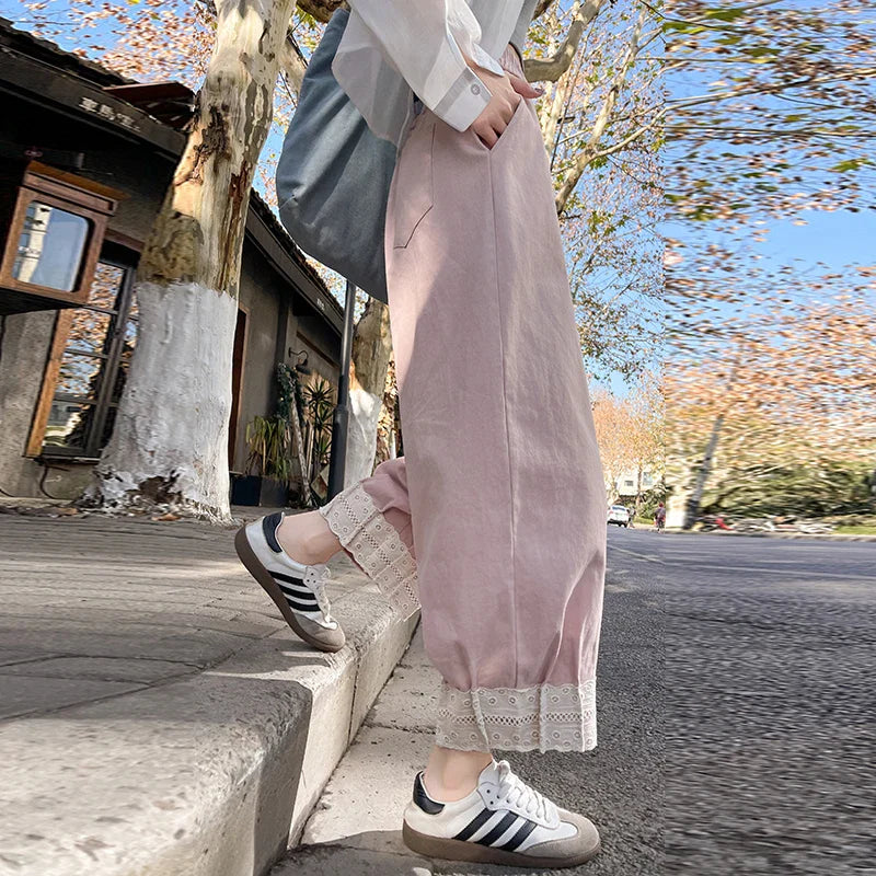 Cralom Lace Pocket High Waist Harem Pants Casual Korean Capris Vintage Style