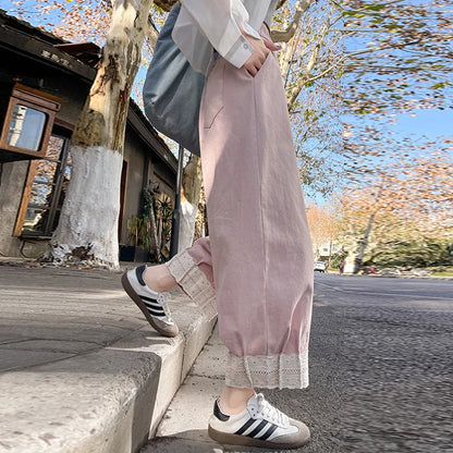 Cralom Lace Pocket High Waist Harem Pants Casual Korean Capris Vintage Style