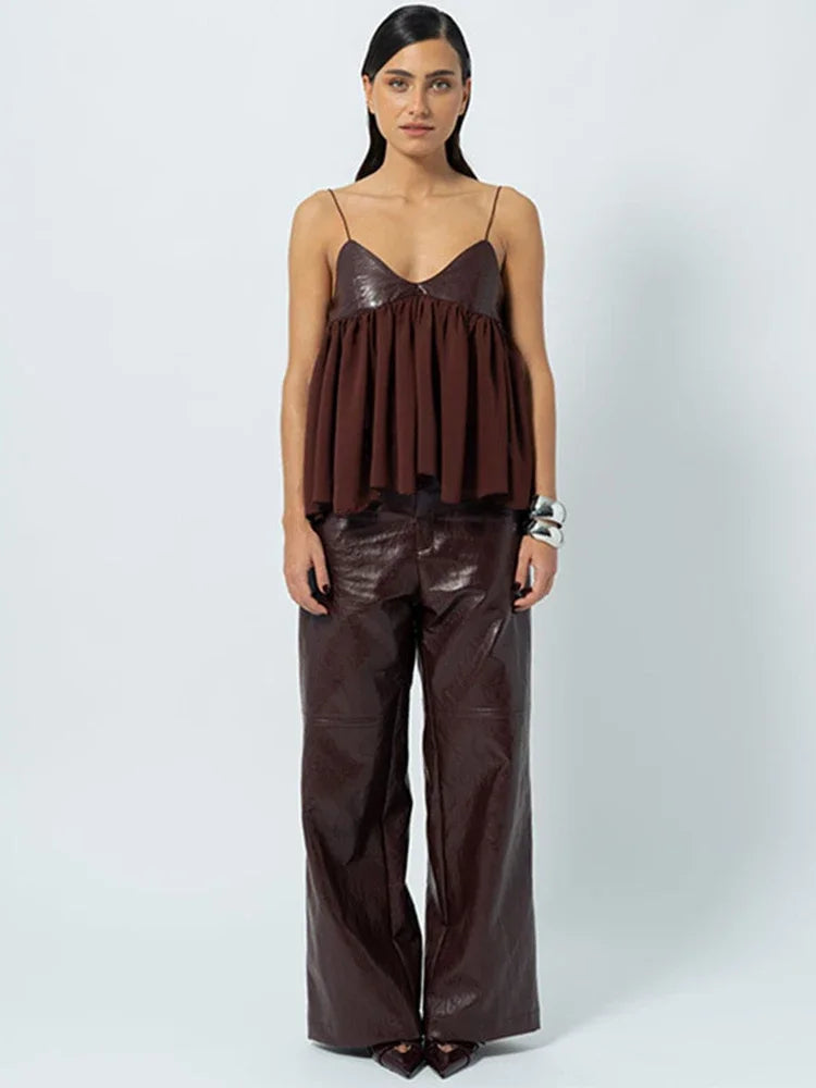 Cralom Patchwork Leather Vest: Sleeveless V-Neck Tank Top for Women