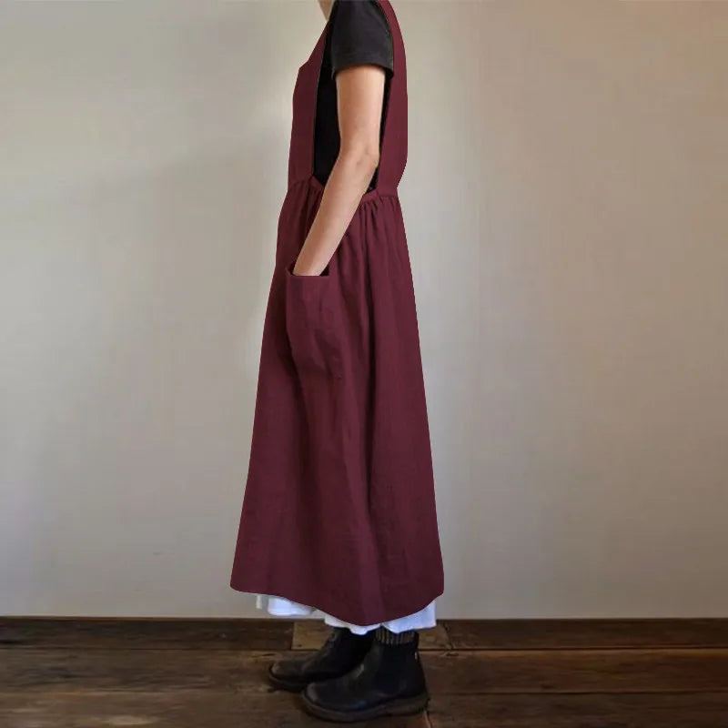 Cralom Sleeveless Cotton Linen Jumpsuit with Apron Design