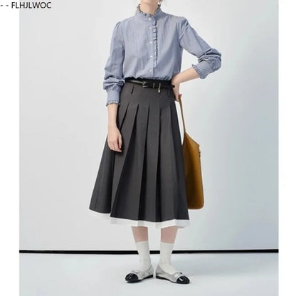 Cralom Blue Striped Retro Vintage Top for Women - Fall Chic Design