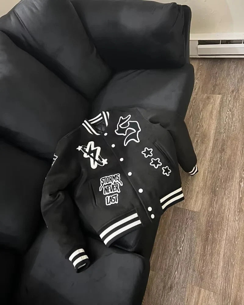 Cralom Geometric Letters Flocking Baseball Uniform Men Y2K Jacket