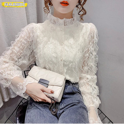 Cralom Women's Lace Ruffled White Turtleneck Blouse Elegant Office Lady Chic Top