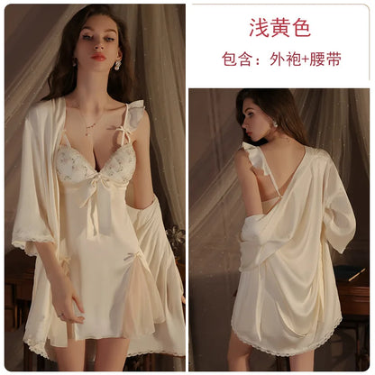 Cralom Lace Trim Satin Nightgown Set women Silk Pajamas Slip Dress Nightwear
