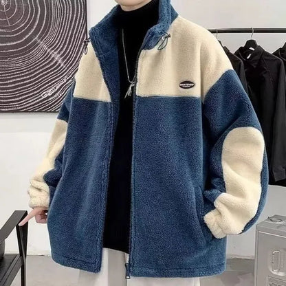 Cralom Men's Y2K Fashion Lamb Coat Plus Velvet Padded Leisure Jacket
