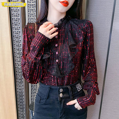 Cralom Sparkly Sequin Ruffle Trim Blouse Slim Fit