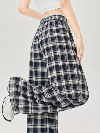 Cralom Plaid Lace Spliced Wide Leg Pants - Spring/Summer 2025 Collection