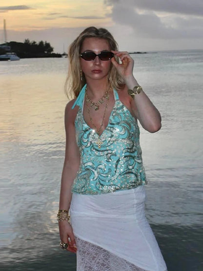 Cralom Sequin Halter Vest: Glittery Beaded Boho Crop Top for Summer Beach Looks