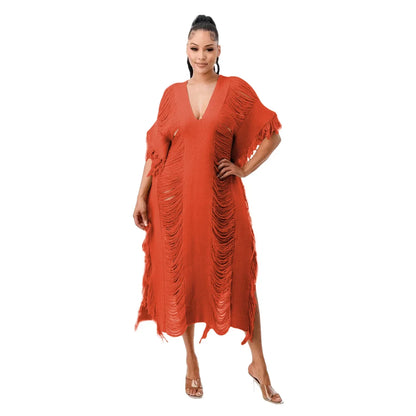 Cralom Women's Tassel Knit Midi Dress Beach Holiday Party Dress