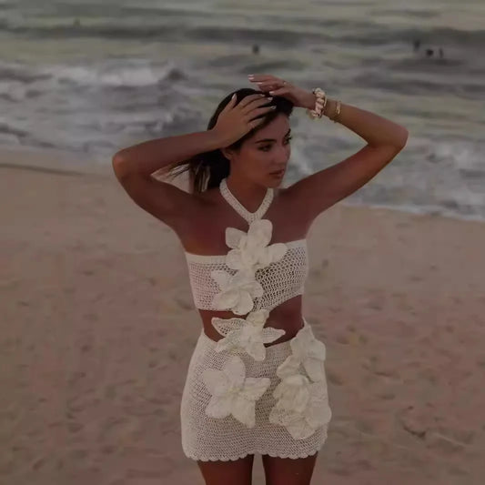 Cralom Vacation Style Flower Hollow Dress
