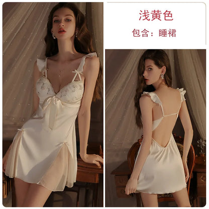 Cralom Lace Trim Satin Nightgown Set women Silk Pajamas Slip Dress Nightwear