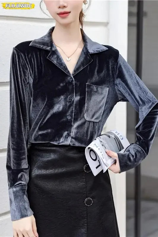 Cralom Long Sleeve Solid Gray Velvet Blouse French Style Women's Winter Top