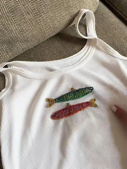 Cralom Fish Bead Tank Top: Slim Fit Sequin Camis for Women, Sleeveless Summer Vest