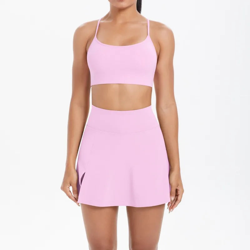 Cralom Seamless Brushed Backless Bra & Skirt Set for Yoga, Running & Fitness
