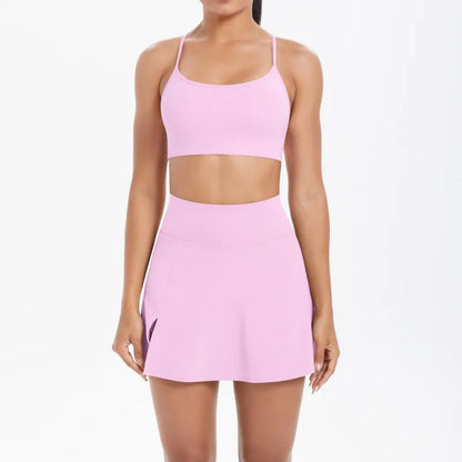 Cralom Seamless Brushed Backless Bra & Skirt Set for Yoga, Running & Fitness