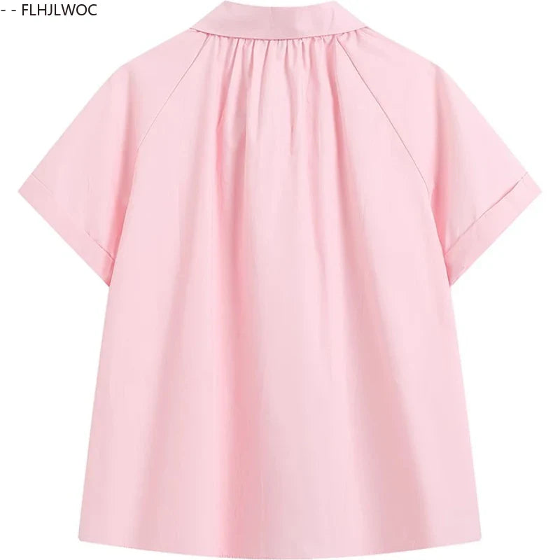Cralom Short Sleeve Peter Pan Collar Top - Pink Vintage Summer Blouse