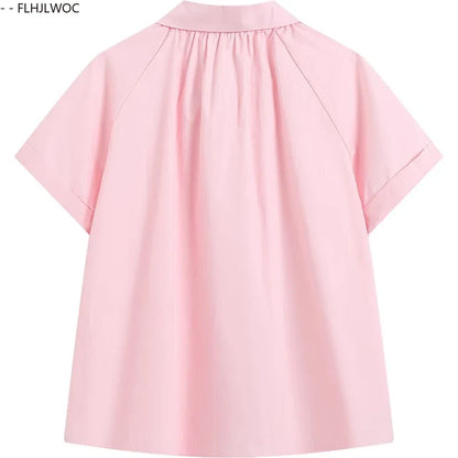 Cralom Short Sleeve Peter Pan Collar Top - Pink Vintage Summer Blouse