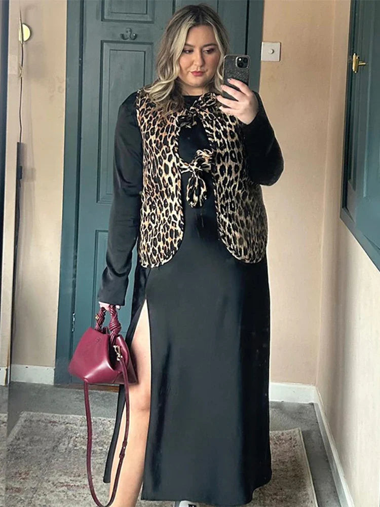 Cralom Leopard Print Lace-Up V-Neck Vest Women's Sleeveless Jacket Top
