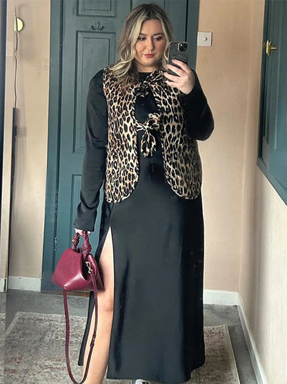 Cralom Leopard Print Lace-Up V-Neck Vest Women's Sleeveless Jacket Top