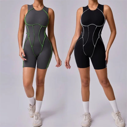 Cralom Sleeveless Yoga Jumpsuit: Color-Block Tight Bodysuit for Gym & Fitness