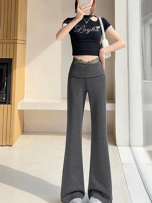 Cralom Lace Trim High Waist Capris, 2025 New Vintage Streetwear Bootcut Pants