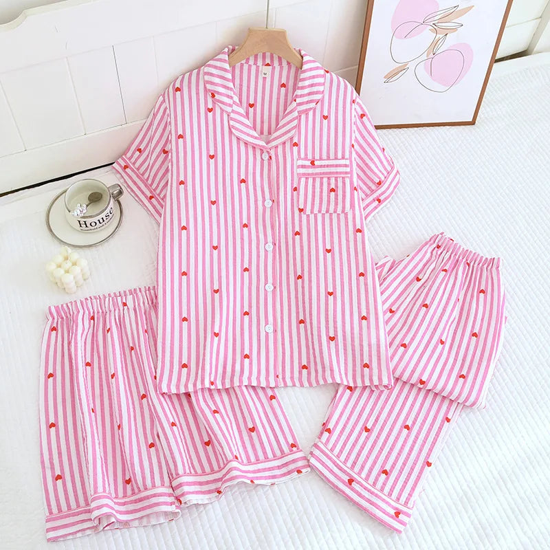 Cralom Cotton Flower Print Pajama Set: Top, Shorts, and Pants for Comfortable Summer