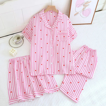 Cralom Cotton Flower Print Pajama Set: Top, Shorts, and Pants for Comfortable Summer