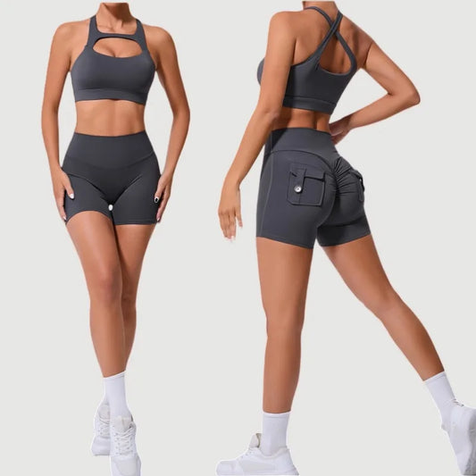 Cralom Yoga Sets: Peach Hip-lifting Shorts & Cross Back Vest for Women