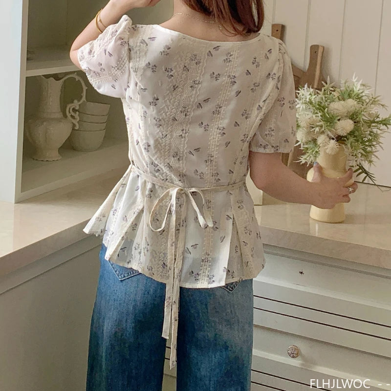 Cralom Lace-Up White Lace Peplum Top - Vintage Slim Waist Chic Blouse