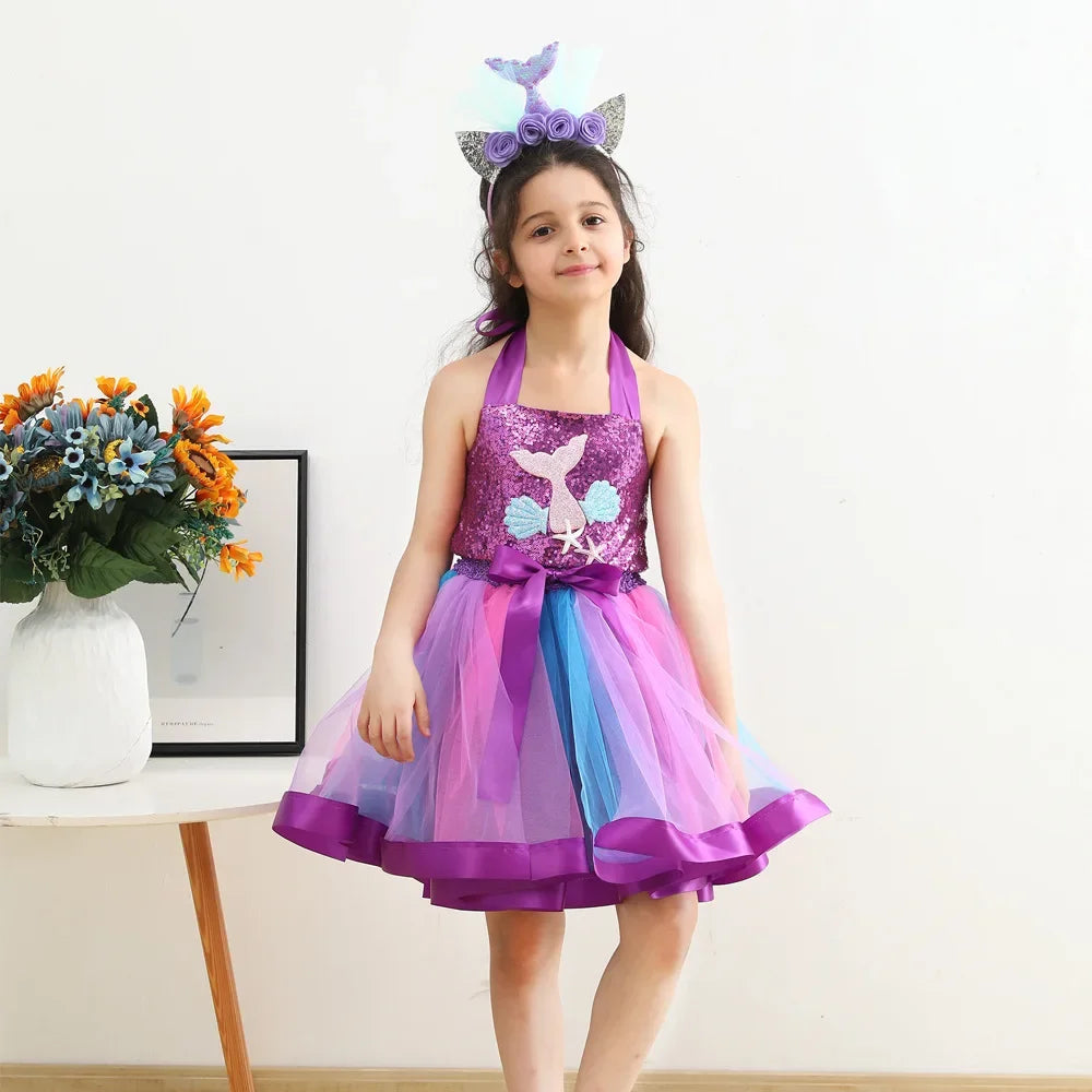 Cralom Mermaid Princess Tutu Dress Girls Cosplay Costume