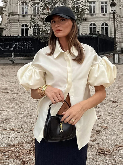 Cralom Satin Puff Sleeve Blouse Solid Lapel Single-breasted Pleated Shirt