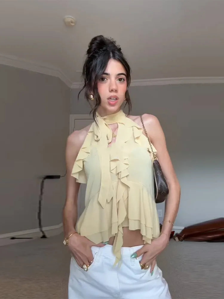 Cralom Ruffles Halter Vest Top Chiffon Hollow Out Slim Tank Tops Summer Blouses