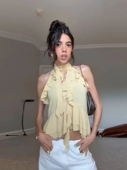 Cralom Ruffles Halter Vest Top Chiffon Hollow Out Slim Tank Tops Summer Blouses