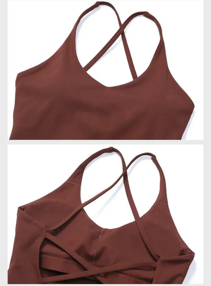 Cralom Nude Yoga Top with Detachable Chest Pads and Crossover Back