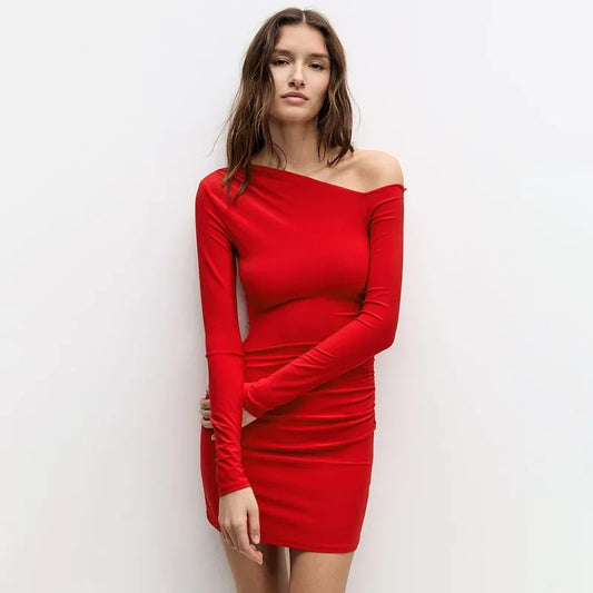 Cralom One-Shoulder Long Sleeve Bodycon Dress - 2024 Autumn Collection