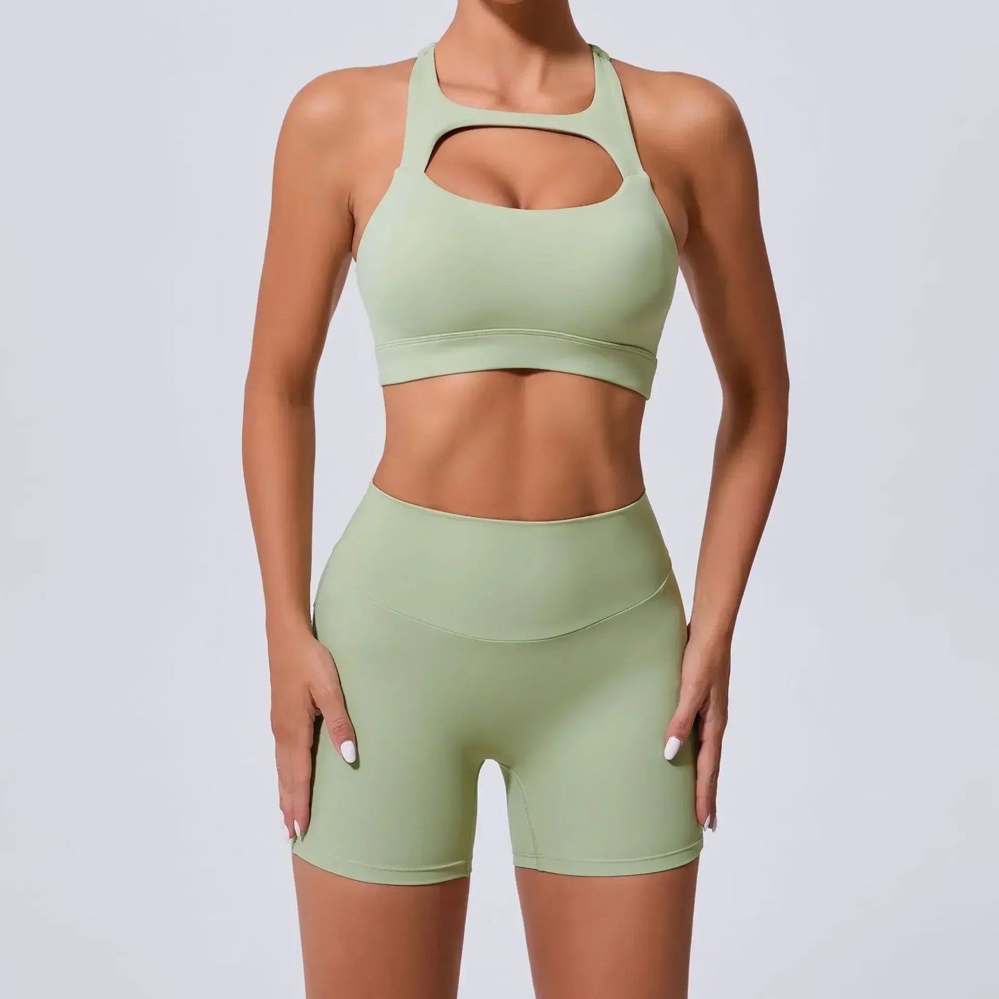 Cralom Yoga Sets: Peach Hip-lifting Shorts & Cross Back Vest for Women