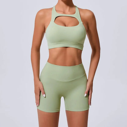 Cralom Yoga Sets: Peach Hip-lifting Shorts & Cross Back Vest for Women