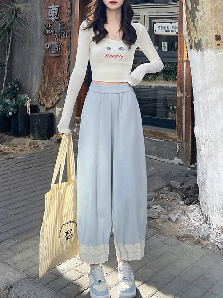 Cralom Lace Pocket High Waist Harem Pants Casual Korean Capris Vintage Style